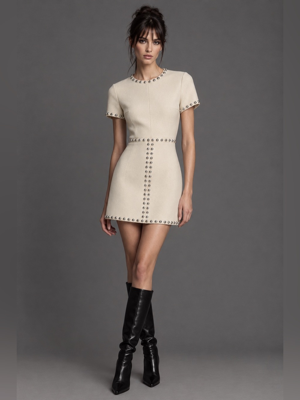 Archival Saint Laurent Paris Hedi Slimane Cream Studded Wool Silk Tailored Dress